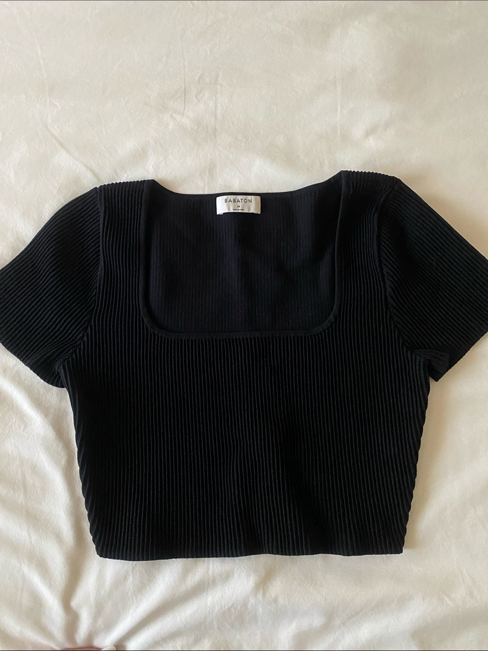 Babaton Black Ribbed Square-Neck Crop Tee